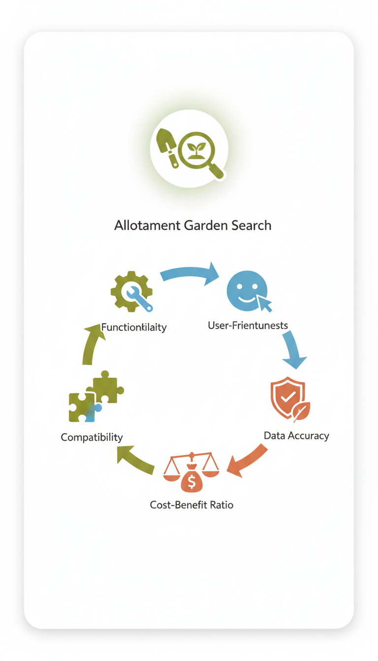 an infographic-style visual summary of key selection criteria for digital gardening tools, showing icons for Functionali