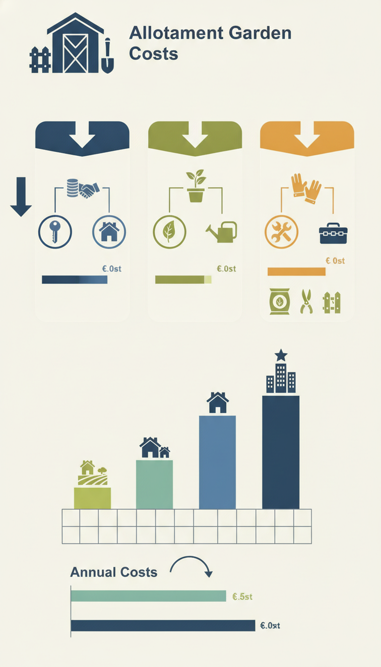 A detailed infographic illustrating the cost breakdown of renting an allotment garden (Kleingarten pachten Kosten). It v