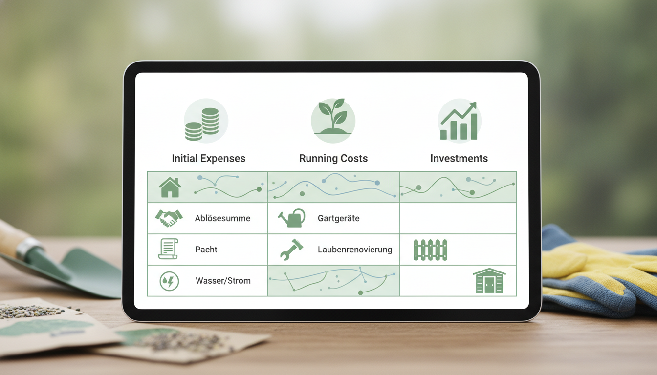 Eine detaillierte Darstellung einer Budgettabelle für Kleingartenkosten auf einem Tablet, mit Spalten für initiale Ausga