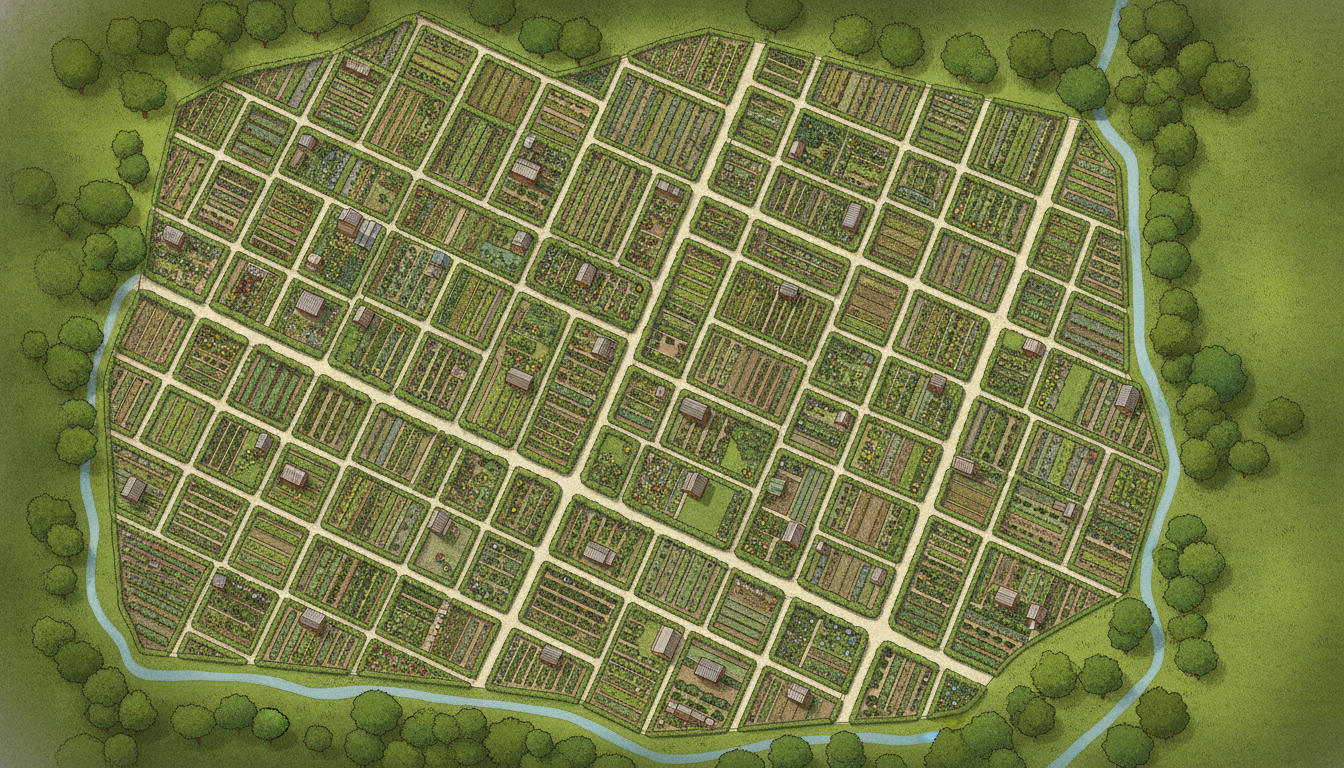 A satellite view of a vibrant allotment garden community, showing neatly organized garden plots, small sheds, paths, and