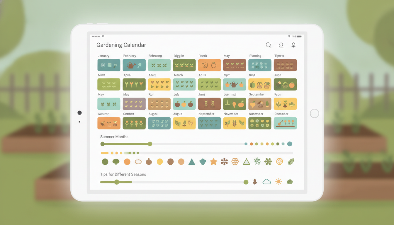A digital screenshot of an online gardening calendar showing monthly tasks, planting schedules for various vegetables an